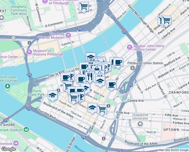 map of restaurants, bars, coffee shops, grocery stores, and more near in Pittsburgh