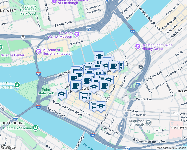 map of restaurants, bars, coffee shops, grocery stores, and more near in Pittsburgh