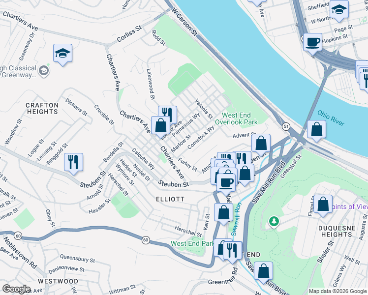 map of restaurants, bars, coffee shops, grocery stores, and more near 15 Furley Street in Pittsburgh