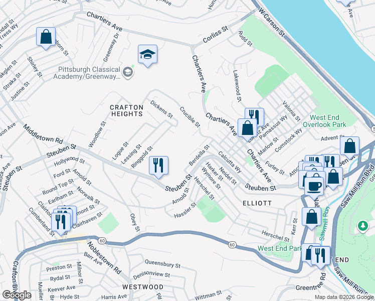 map of restaurants, bars, coffee shops, grocery stores, and more near 1127 Berdella Street in Pittsburgh