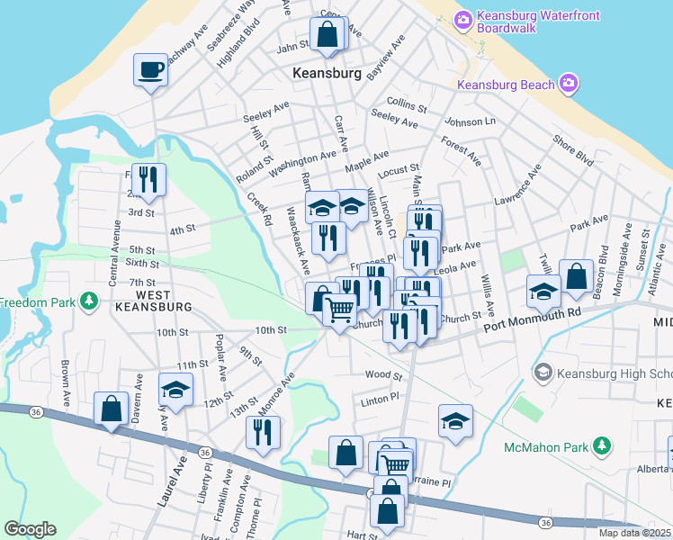 map of restaurants, bars, coffee shops, grocery stores, and more near 81 Frances Place in Keansburg