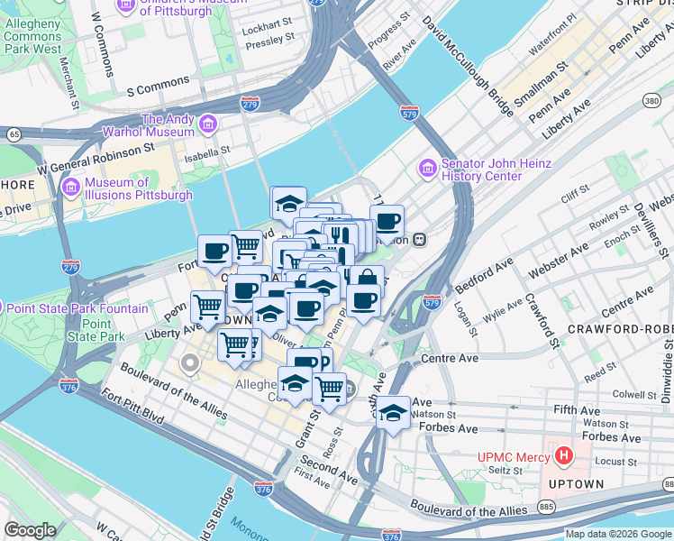 map of restaurants, bars, coffee shops, grocery stores, and more near 947 Liberty Avenue in Pittsburgh