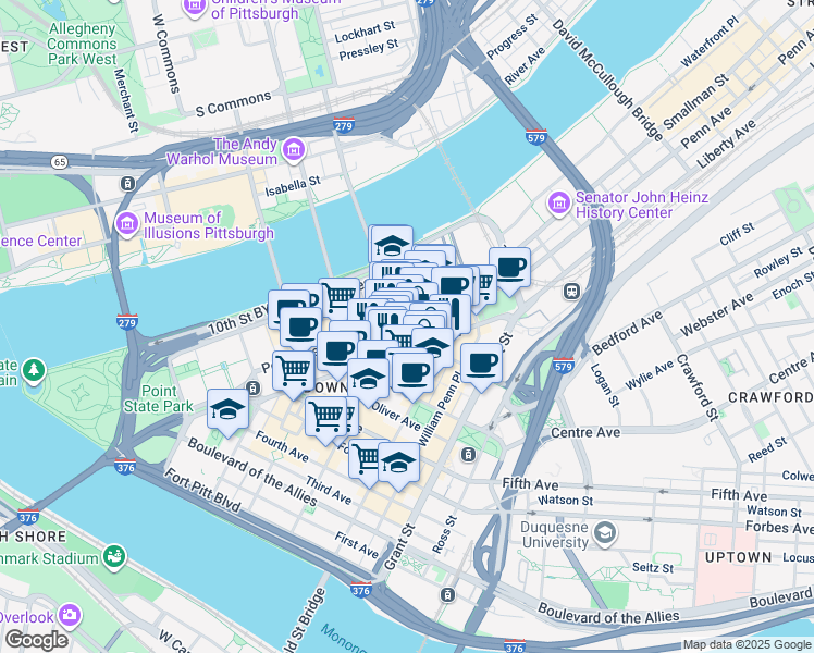 map of restaurants, bars, coffee shops, grocery stores, and more near 222 9th Street in Pittsburgh