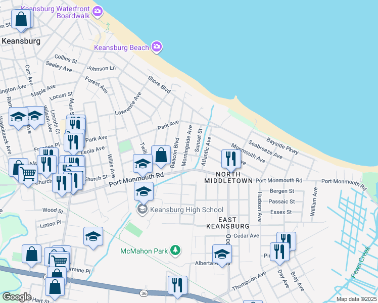 map of restaurants, bars, coffee shops, grocery stores, and more near 130 Crescent Street in Keansburg
