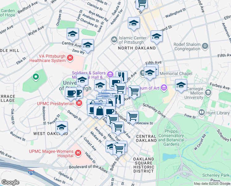 map of restaurants, bars, coffee shops, grocery stores, and more near 4200 Fifth Avenue in Pittsburgh