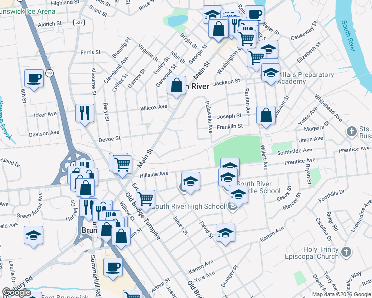 map of restaurants, bars, coffee shops, grocery stores, and more near 20 Roosevelt Street in South River