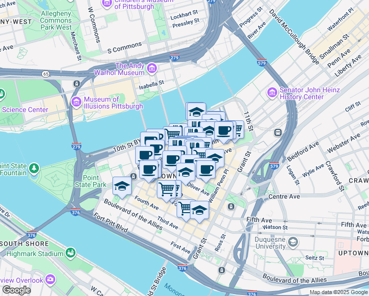 map of restaurants, bars, coffee shops, grocery stores, and more near 731 Penn Avenue in Pittsburgh