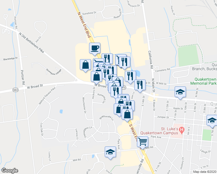 map of restaurants, bars, coffee shops, grocery stores, and more near 1534 West Broad Street in Quakertown