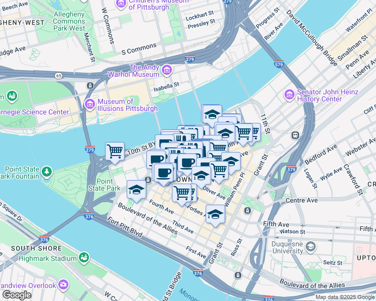 map of restaurants, bars, coffee shops, grocery stores, and more near 649 Penn Avenue in Pittsburgh