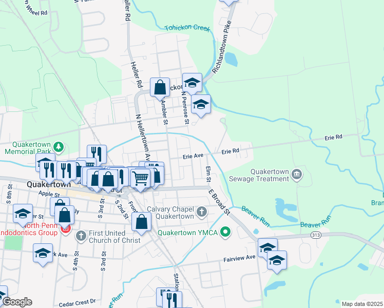 map of restaurants, bars, coffee shops, grocery stores, and more near 403 Erie Avenue in Quakertown