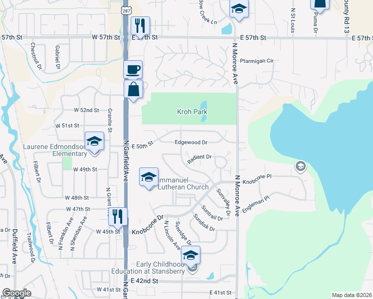 map of restaurants, bars, coffee shops, grocery stores, and more near 401 Radiant Drive in Loveland
