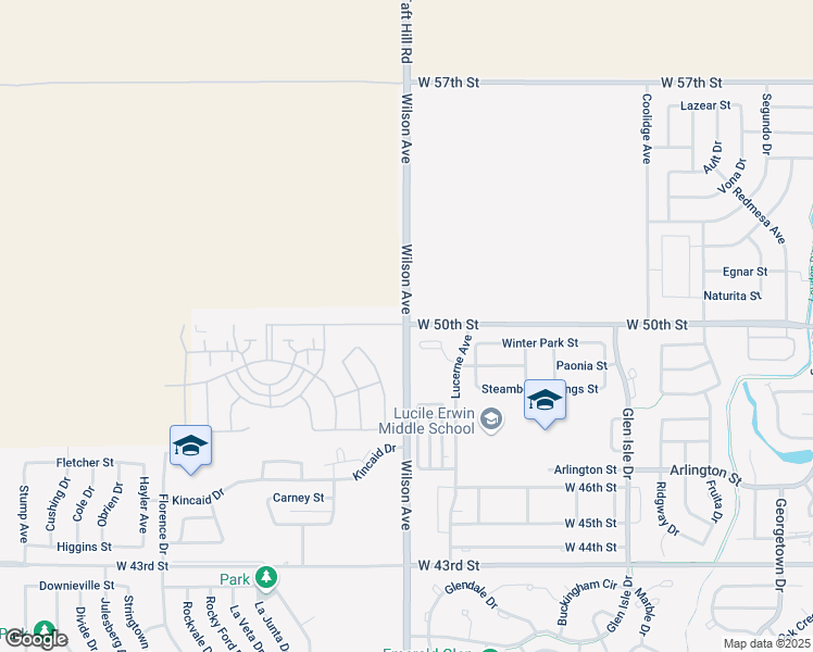 map of restaurants, bars, coffee shops, grocery stores, and more near Wilson Ave & W 50th St in Loveland
