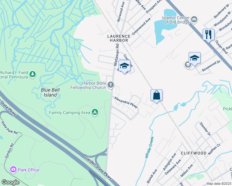 map of restaurants, bars, coffee shops, grocery stores, and more near Harbor Bay Circle in Old Bridge Township