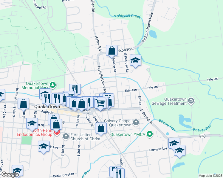 map of restaurants, bars, coffee shops, grocery stores, and more near 222 Erie Avenue in Quakertown
