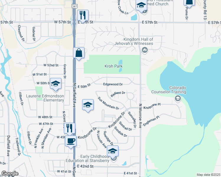 map of restaurants, bars, coffee shops, grocery stores, and more near 437 Radiant Drive in Loveland