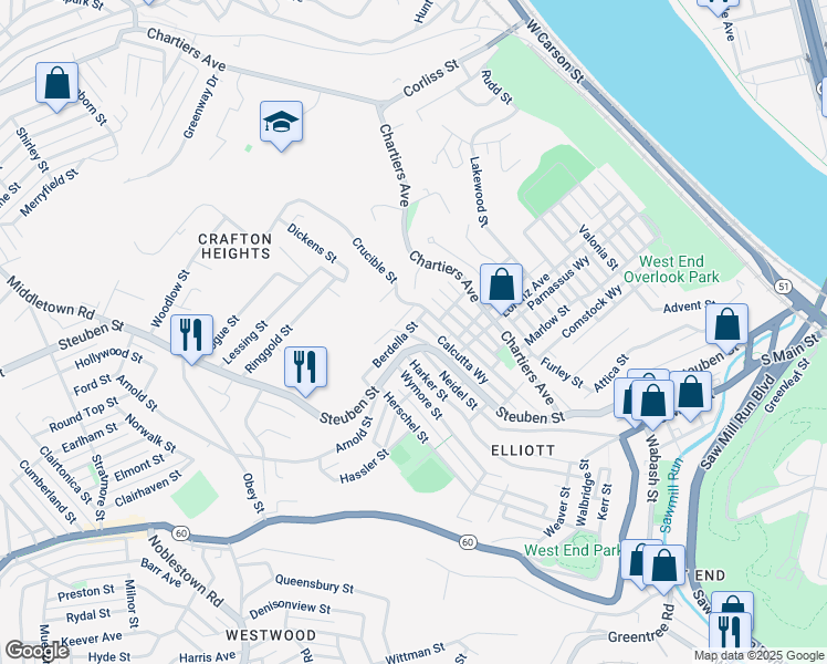 map of restaurants, bars, coffee shops, grocery stores, and more near 1048 Steuben Street in Pittsburgh