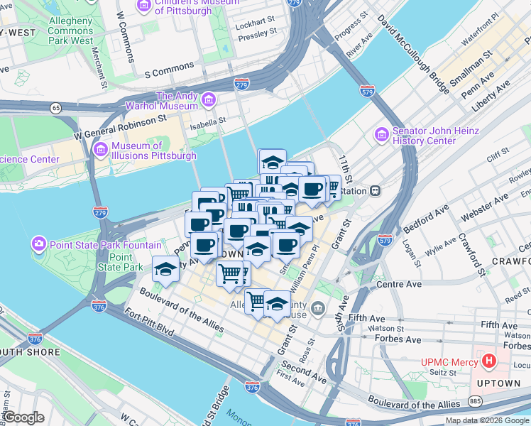 map of restaurants, bars, coffee shops, grocery stores, and more near  in Pittsburgh