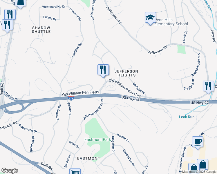 map of restaurants, bars, coffee shops, grocery stores, and more near 3950 Old William Penn Highway in Pittsburgh