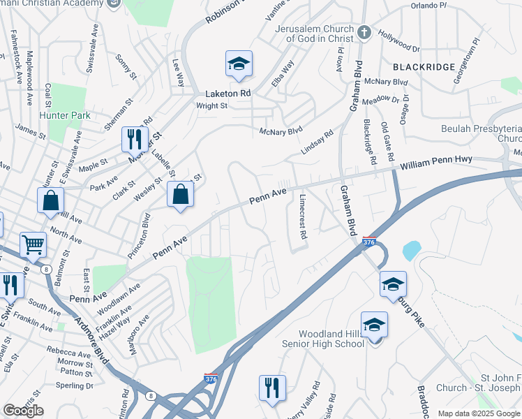 map of restaurants, bars, coffee shops, grocery stores, and more near 7513 Penn Bridge Court in Pittsburgh