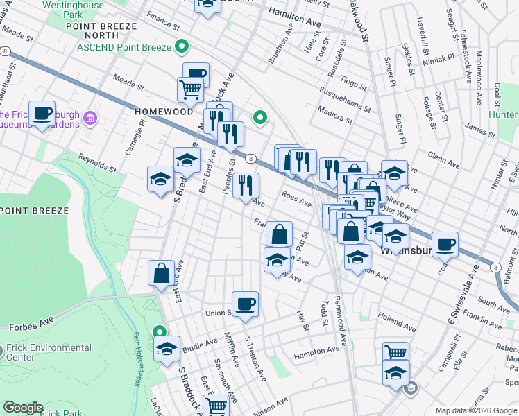 map of restaurants, bars, coffee shops, grocery stores, and more near 318 Franklin Avenue in Pittsburgh