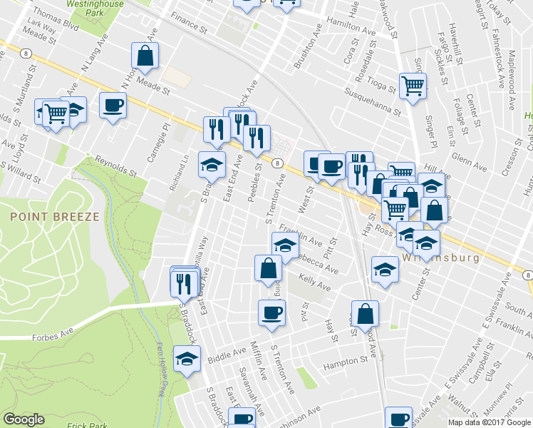 map of restaurants, bars, coffee shops, grocery stores, and more near 410 South Trenton Avenue in Pittsburgh