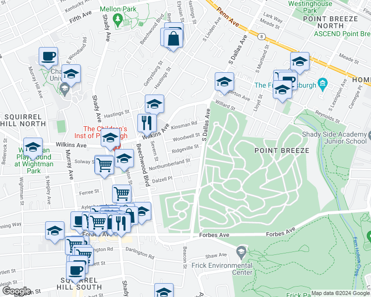 map of restaurants, bars, coffee shops, grocery stores, and more near 6625 Northumberland Street in Pittsburgh