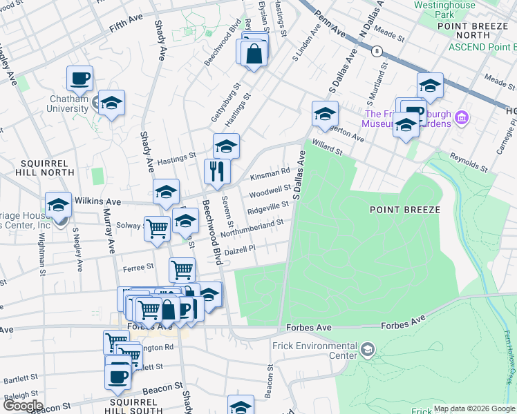 map of restaurants, bars, coffee shops, grocery stores, and more near 6625 Northumberland Street in Pittsburgh