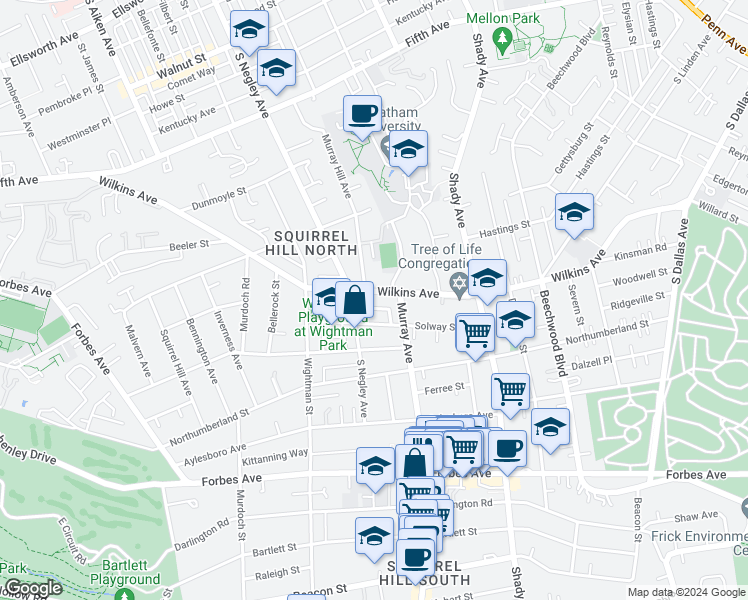 map of restaurants, bars, coffee shops, grocery stores, and more near 5733 Solway Street in Pittsburgh