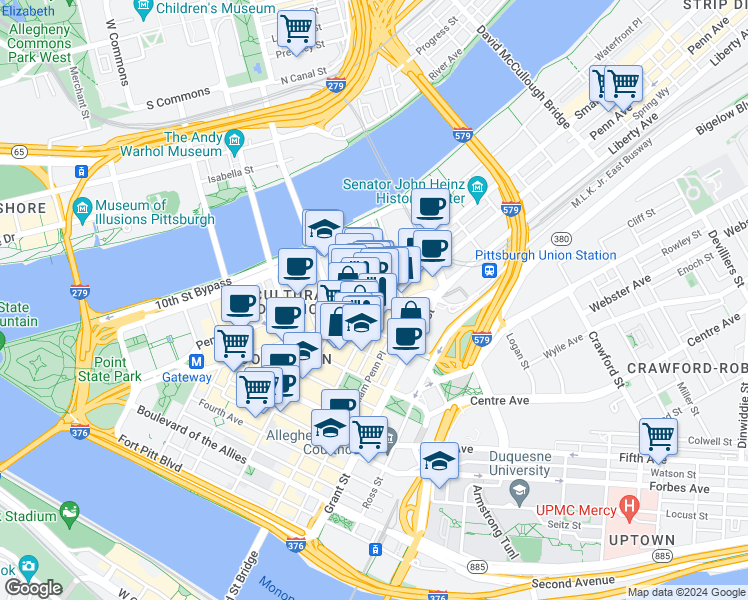 map of restaurants, bars, coffee shops, grocery stores, and more near in Pittsburgh