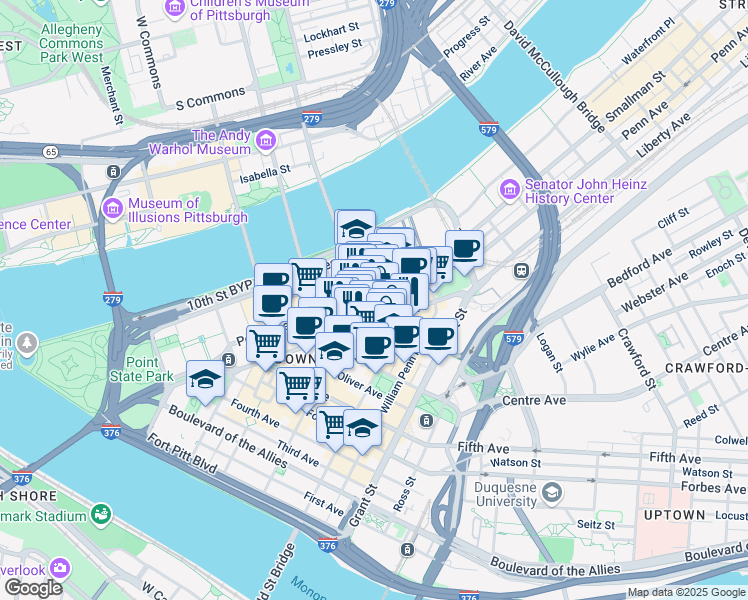 map of restaurants, bars, coffee shops, grocery stores, and more near in Pittsburgh