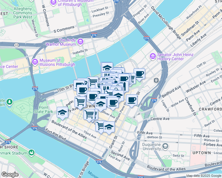 map of restaurants, bars, coffee shops, grocery stores, and more near in Pittsburgh