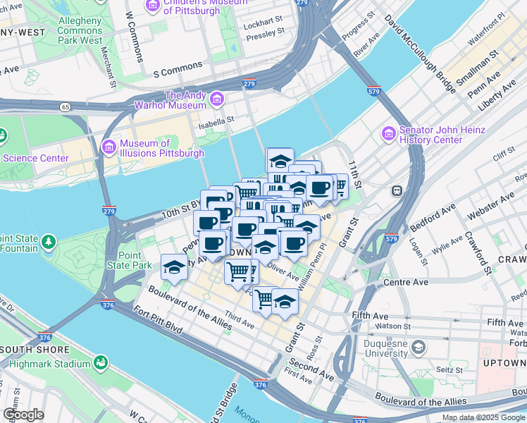 map of restaurants, bars, coffee shops, grocery stores, and more near 680 Liberty Avenue in Pittsburgh