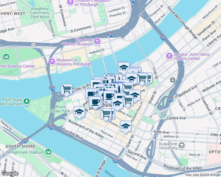 map of restaurants, bars, coffee shops, grocery stores, and more near 649 Penn Avenue in Pittsburgh