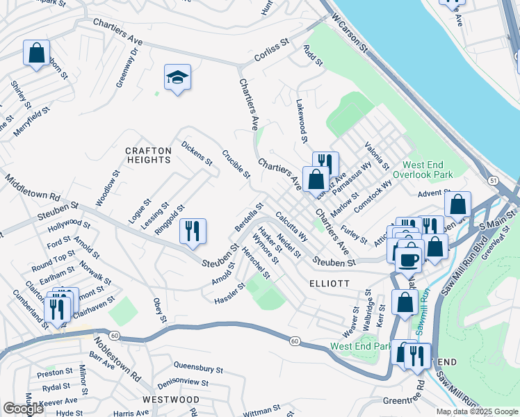 map of restaurants, bars, coffee shops, grocery stores, and more near 1048 Steuben Street in Pittsburgh