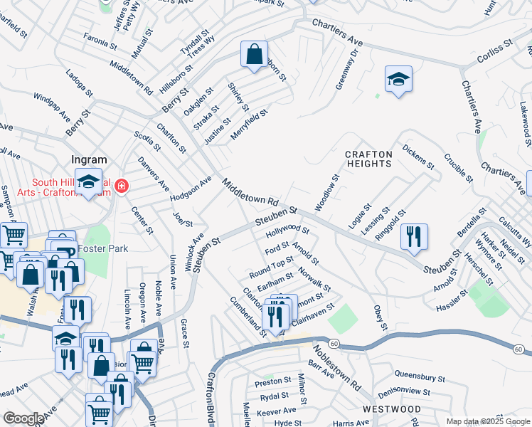 map of restaurants, bars, coffee shops, grocery stores, and more near 1242 Hollywood Street in Pittsburgh