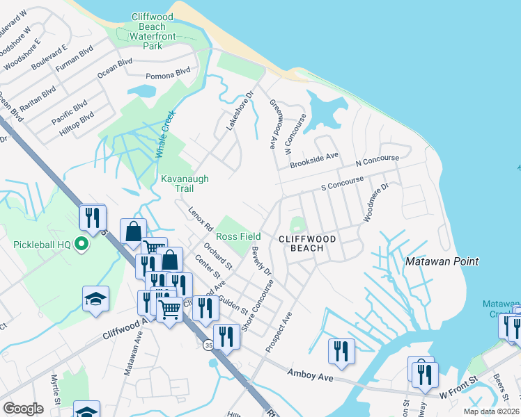 map of restaurants, bars, coffee shops, grocery stores, and more near 780 Cliffwood Avenue in Keyport