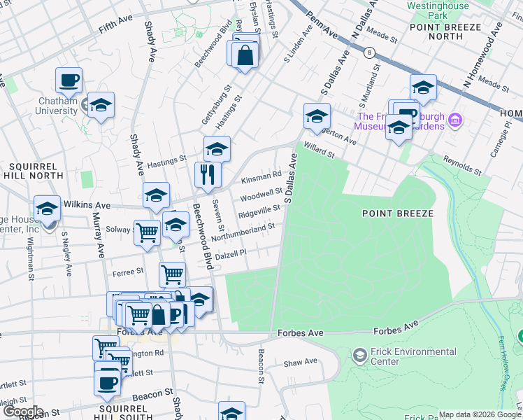 map of restaurants, bars, coffee shops, grocery stores, and more near 6625 Northumberland Street in Pittsburgh