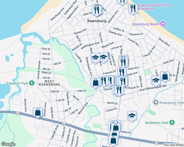 map of restaurants, bars, coffee shops, grocery stores, and more near 131 Ramsey Avenue in Keansburg