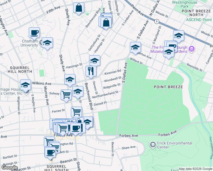 map of restaurants, bars, coffee shops, grocery stores, and more near 6644 Kinsman Road in Pittsburgh