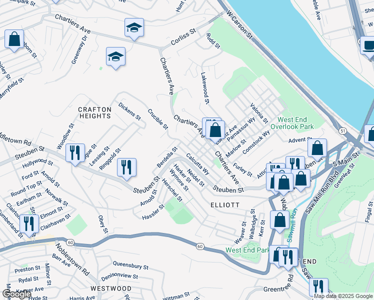 map of restaurants, bars, coffee shops, grocery stores, and more near 1110 Crucible Street in Pittsburgh
