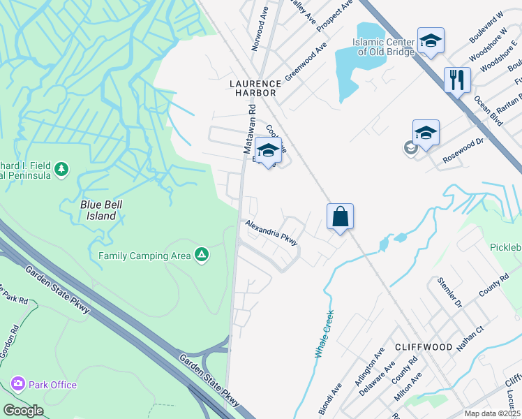 map of restaurants, bars, coffee shops, grocery stores, and more near 17 Harbor Bay Circle in South Amboy