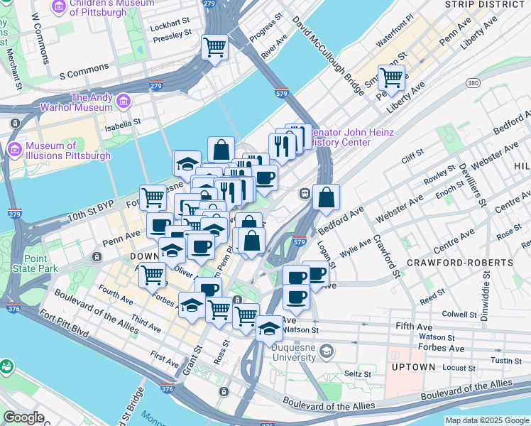 map of restaurants, bars, coffee shops, grocery stores, and more near Grant Street in Pittsburgh