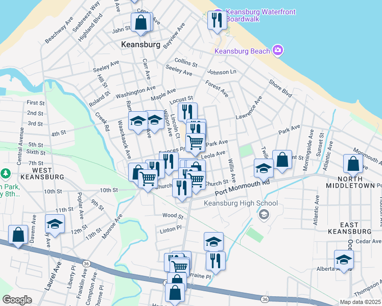 map of restaurants, bars, coffee shops, grocery stores, and more near 213 Main Street in Keansburg
