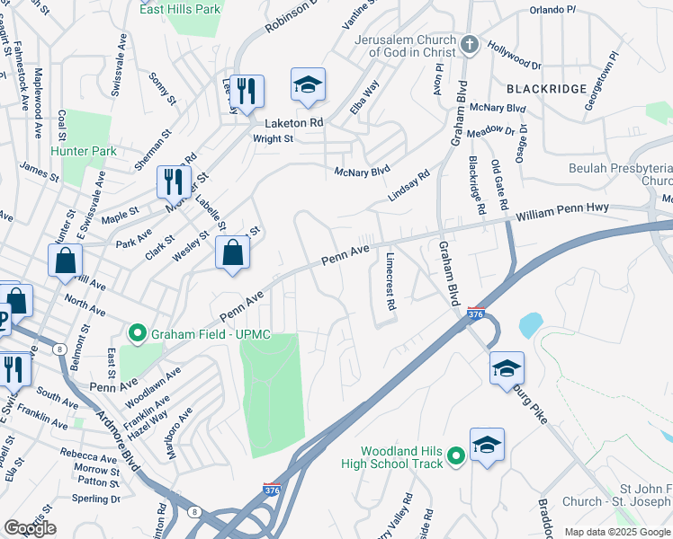 map of restaurants, bars, coffee shops, grocery stores, and more near in Wilkinsburg