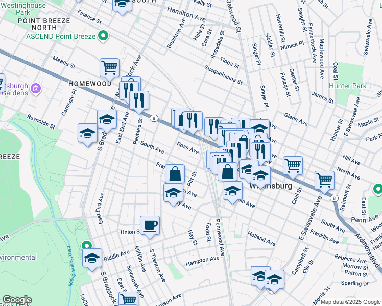 map of restaurants, bars, coffee shops, grocery stores, and more near 430 State Highway 8 in Pittsburgh