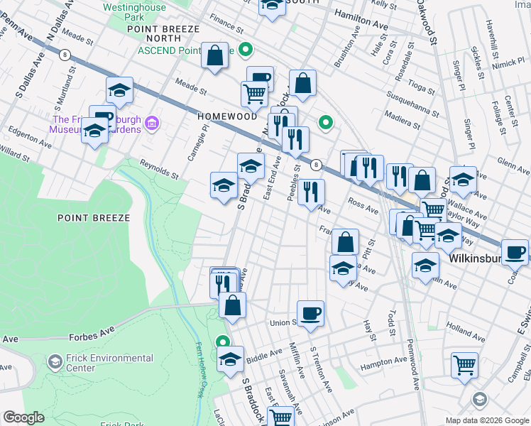 map of restaurants, bars, coffee shops, grocery stores, and more near in Pittsburgh