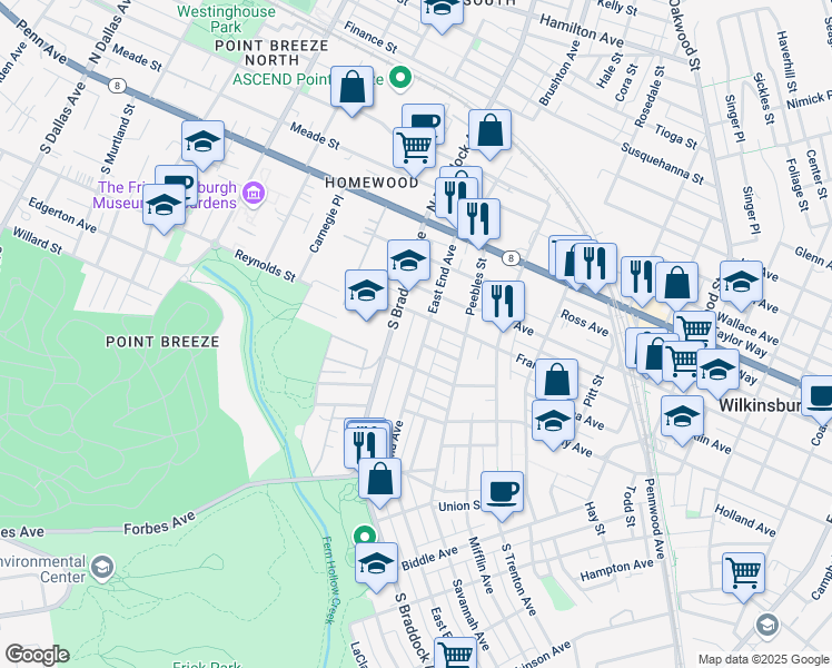 map of restaurants, bars, coffee shops, grocery stores, and more near 401 South Braddock Avenue in Pittsburgh