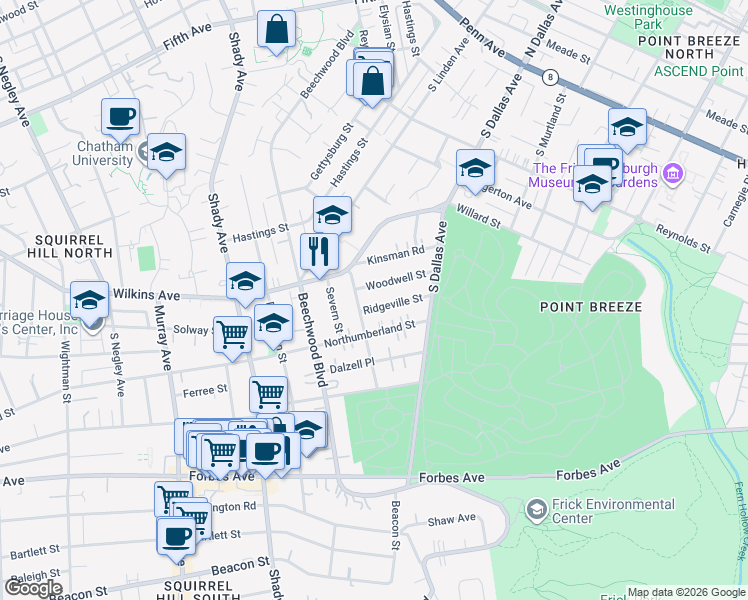 map of restaurants, bars, coffee shops, grocery stores, and more near 6644 Kinsman Road in Pittsburgh