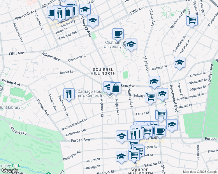 map of restaurants, bars, coffee shops, grocery stores, and more near in Pittsburgh