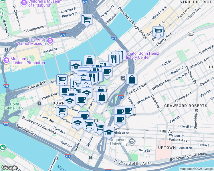 map of restaurants, bars, coffee shops, grocery stores, and more near in Pittsburgh